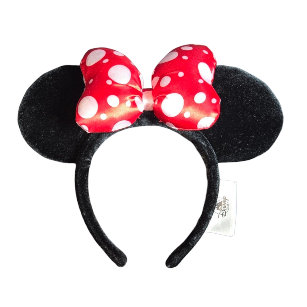 Disney Parks Puffed Red Polka Dot Bow On Black Velvet Minnie Mouse Ears Headband